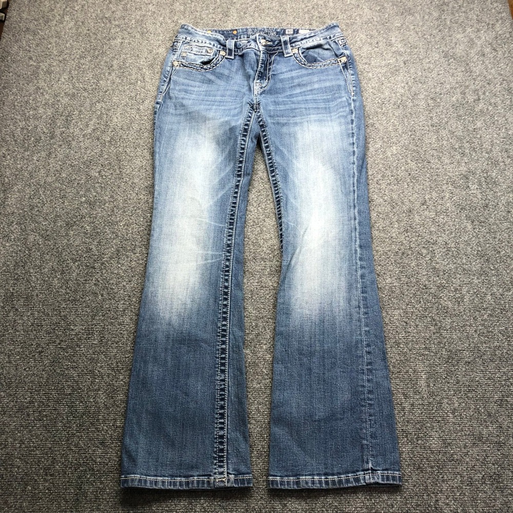 Miss Me Signature Bootcut Jeans Blue Denim Embroidered Rhinestone Mens 30x30.5